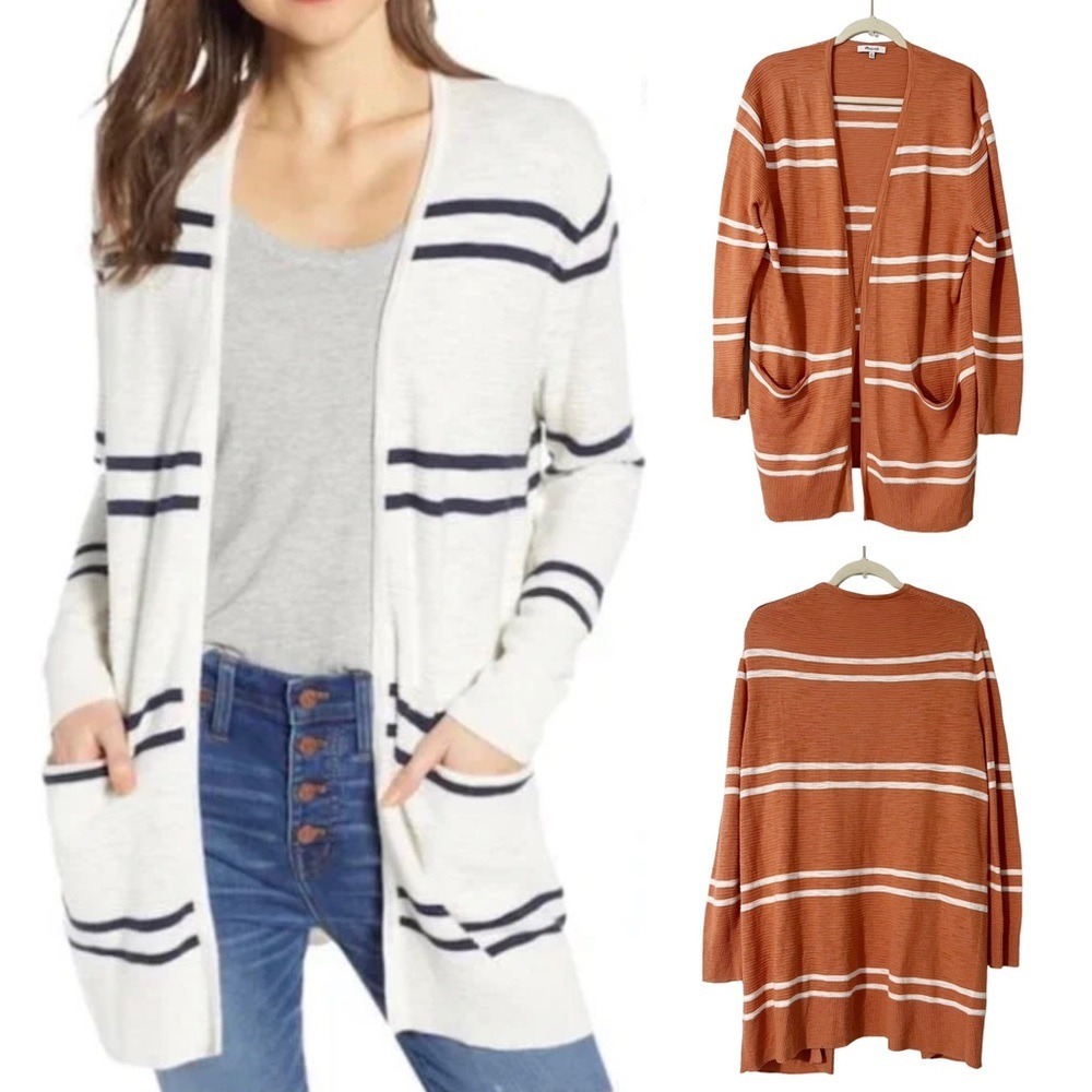 Madewell Summer Striped Ryder Cardigan in Burnt Orange & White‎